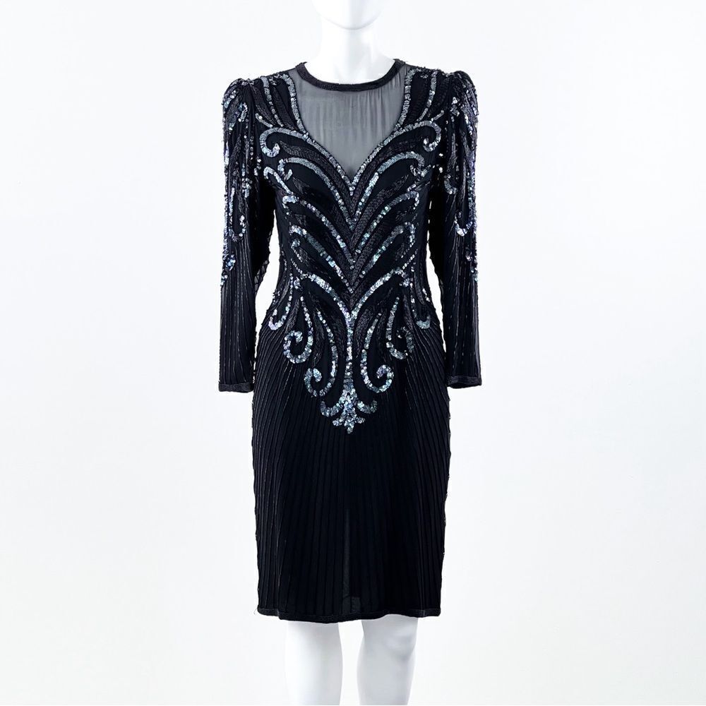VTG AJ BARI 1980s Great Gatsby Heavily Beaded Sequin Silk Dress